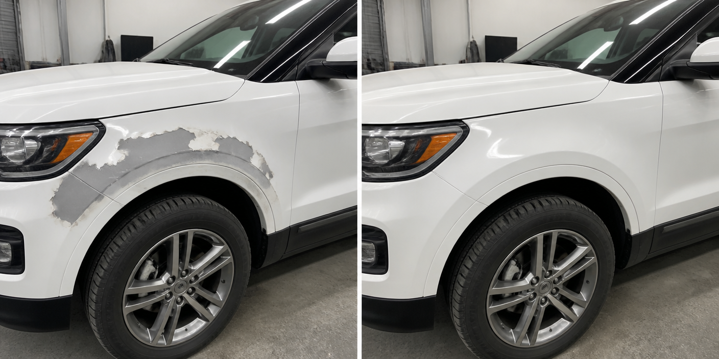 Before and after repaint of a white SUV front fender with peeling clear coat restored