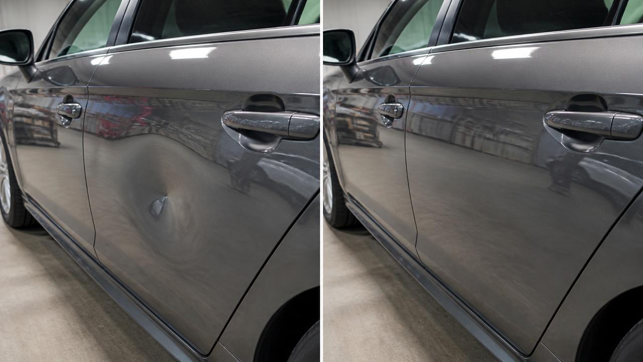 Before and after paintless dent repair on a gray sedan door panel with the ding pushed out and original paint intact