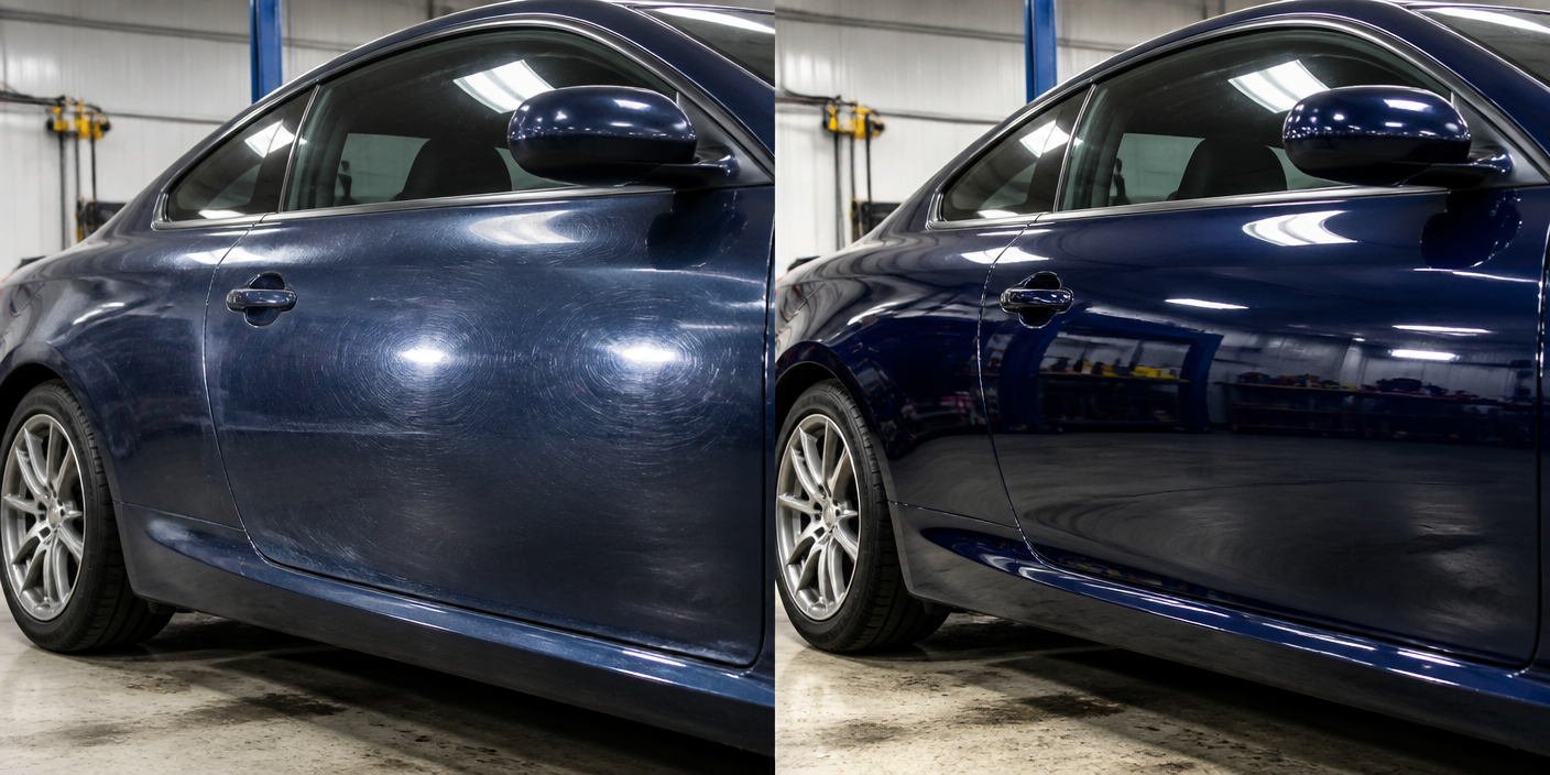 Before and after paint correction and polish on a dark blue coupe door
