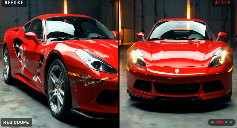 Side-by-side image of a damaged and fully restored silver coupe following expert collision repair services in California.