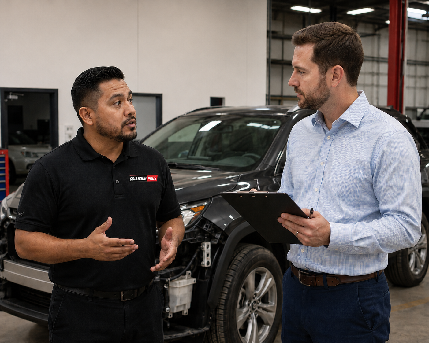 Collision Pros advisor consulting with a customer about their vehicle