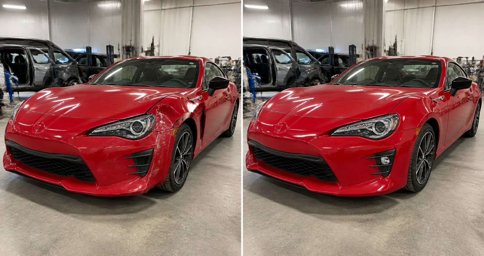 Red coupe showcasing professional collision repair services in California with seamless bodywork and paint restoration results.