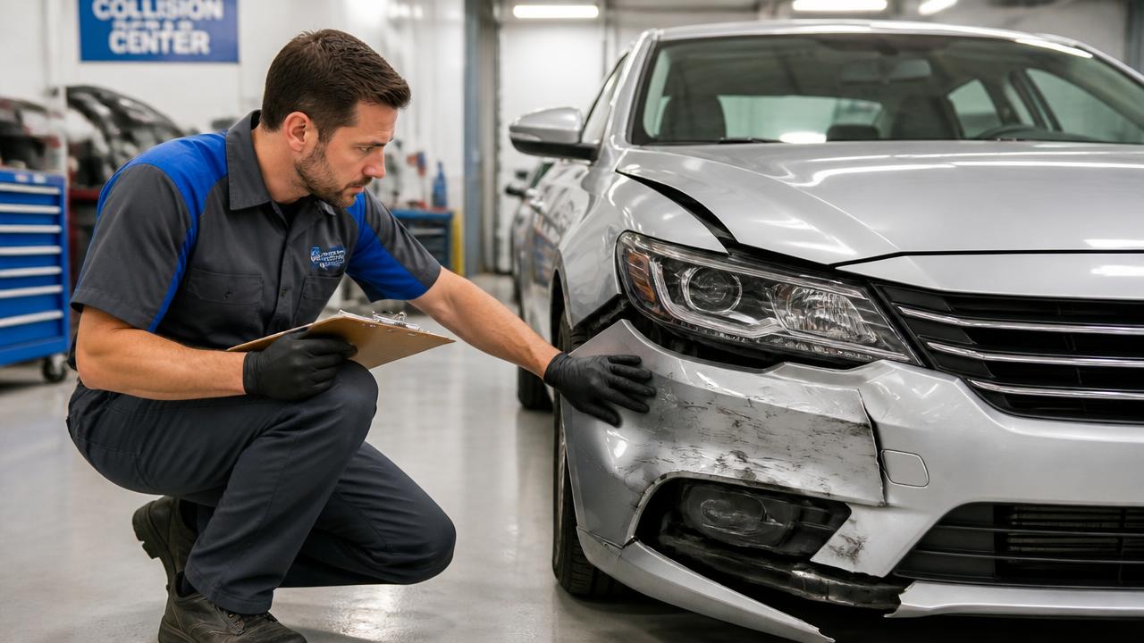 Collision repair technician inspecting a damaged front bumper on a silver sedan