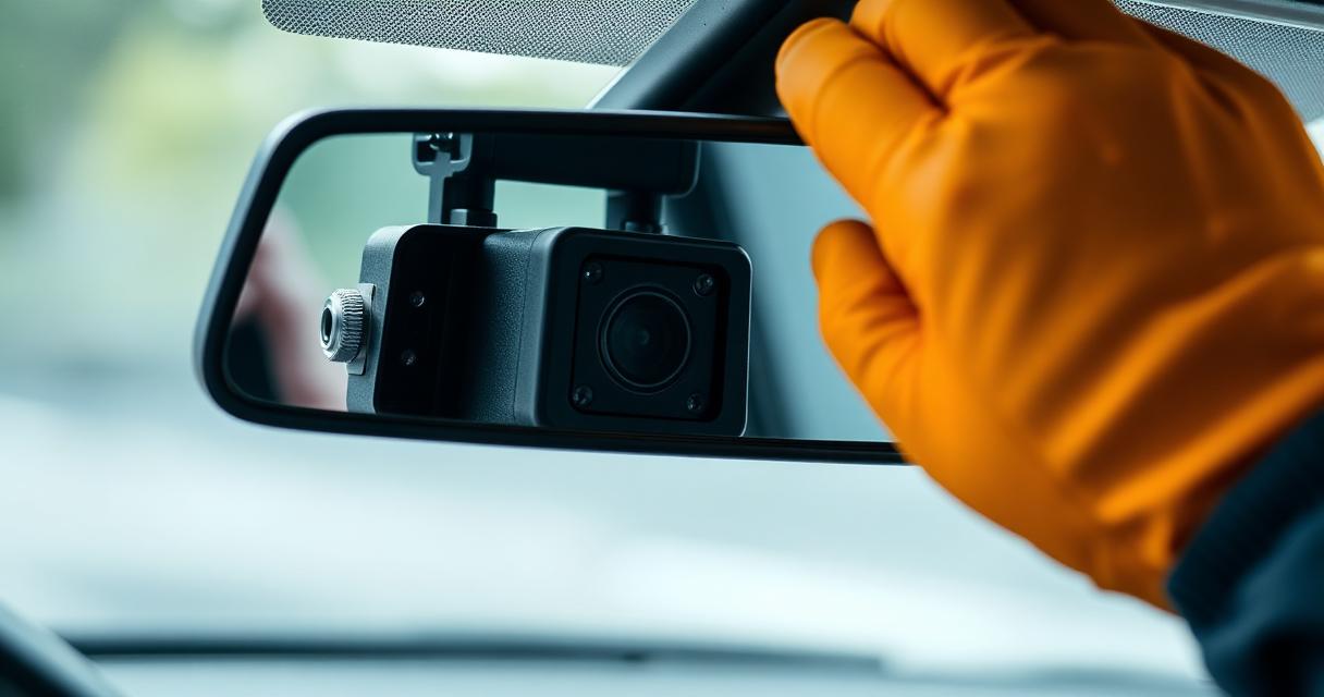 Close-up of a forward-facing ADAS camera mounted behind a vehicle windshield near the rearview mirror