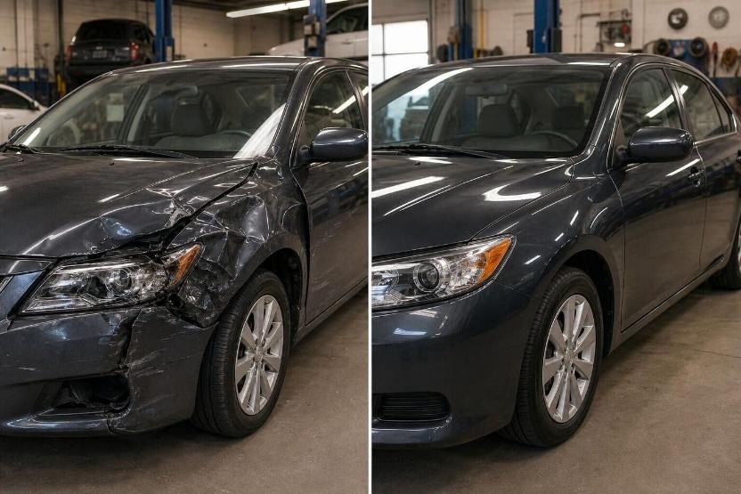 High-quality before-and-after auto body restoration highlighting collision repair services in California for accident-damaged vehicles.
