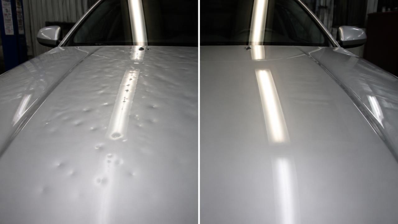 Before and after hail damage dent mapping on a silver hood repaired without paint