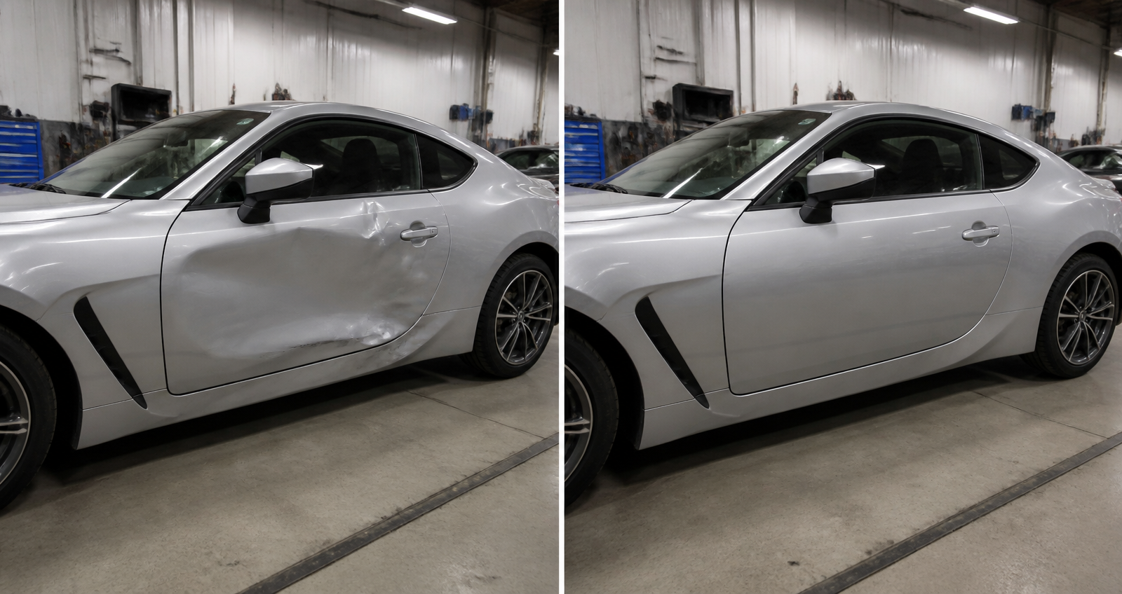 Side-by-side image of a damaged and fully restored silver coupe following expert collision repair services in California.