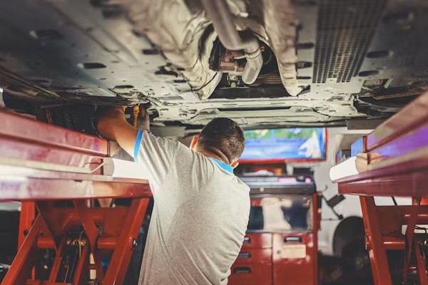 Technician inspecting car frame during complete collision repair in California