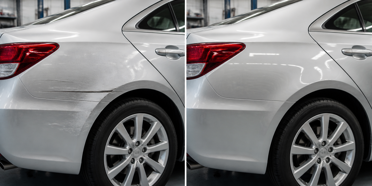 Before and after auto paint refinishing on the rear quarter panel of a silver sedan in California