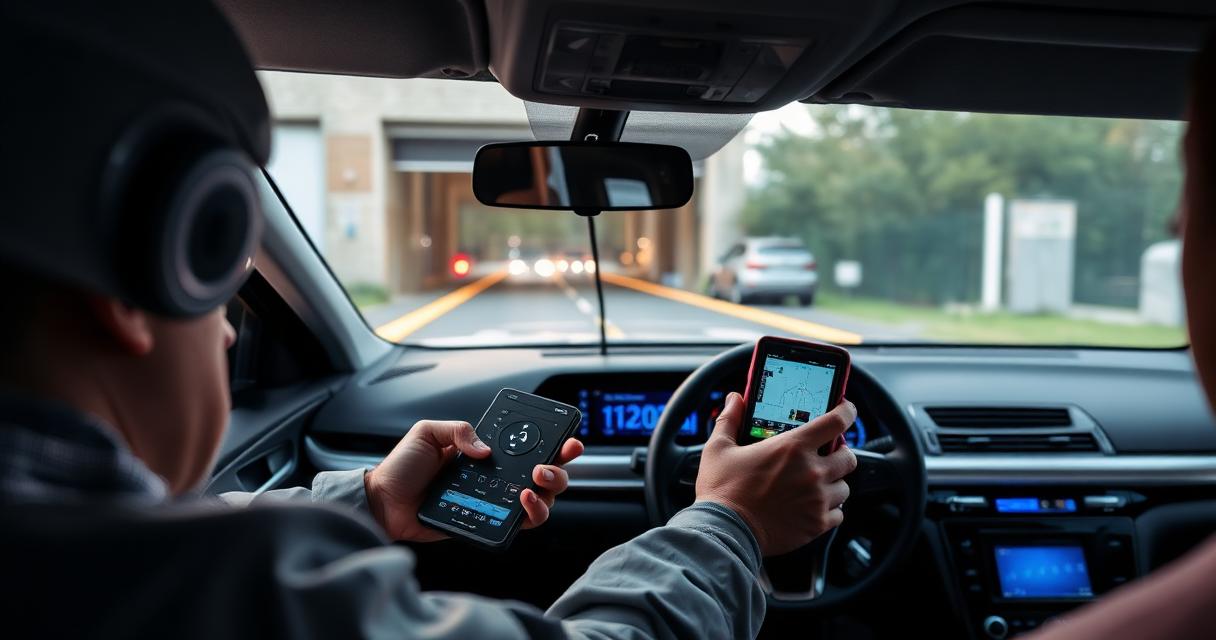 Technician using a diagnostic scan tool during a dynamic ADAS calibration road test