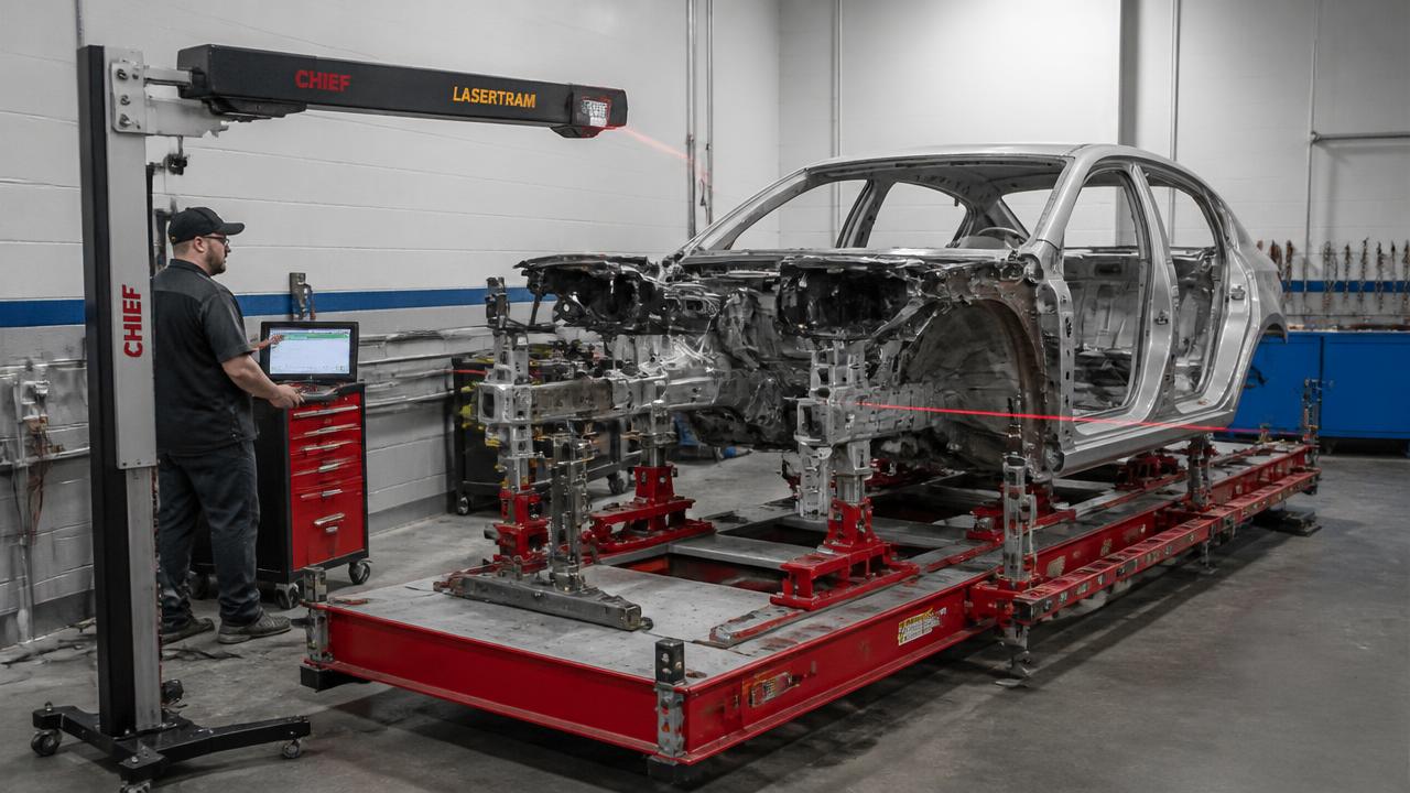 Vehicle body mounted on a frame straightening rack with a laser measuring system