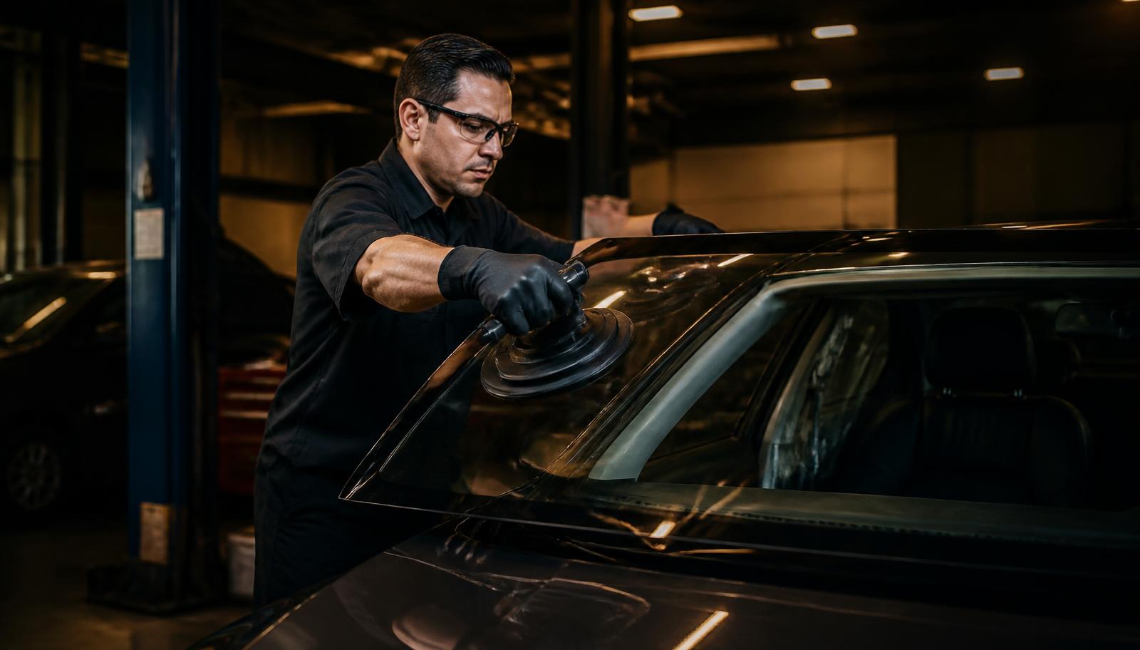 Auto glass technician installing a replacement windshield at a California auto glass repair shop