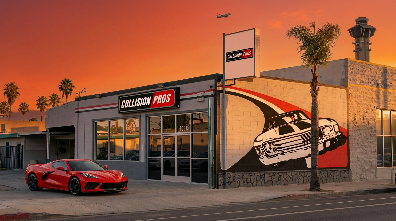 Collision Pros shop front in Lennox, CA with red Corvette and LAX control tower at sunset