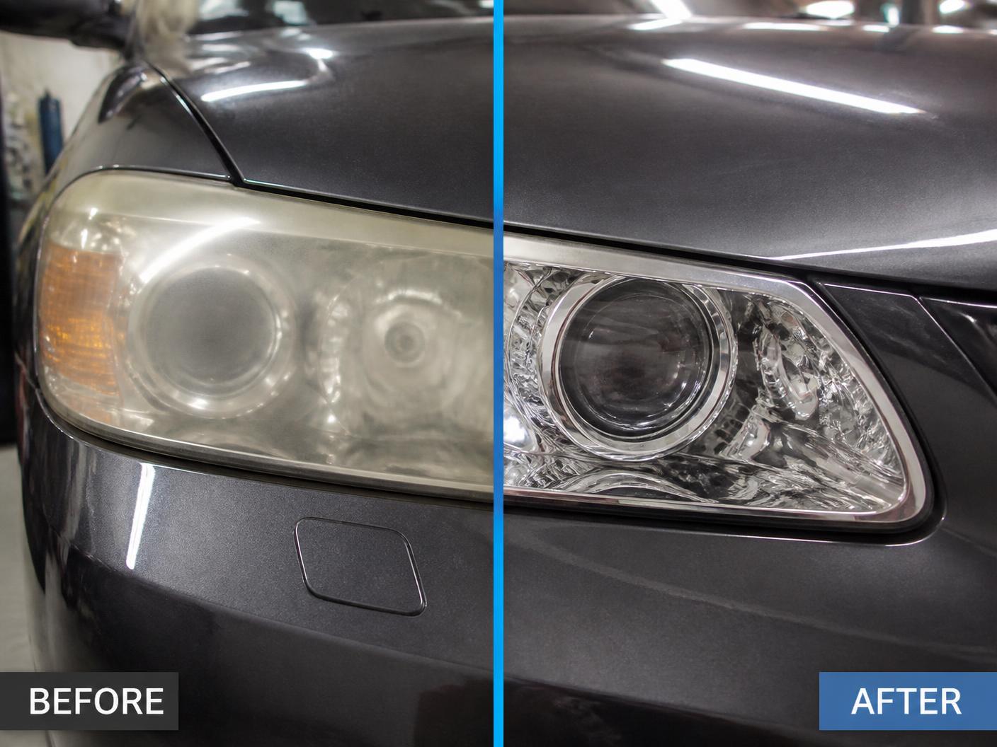 Before and after headlight lens restoration showing a yellowed cloudy lens next to a crystal clear restored lens