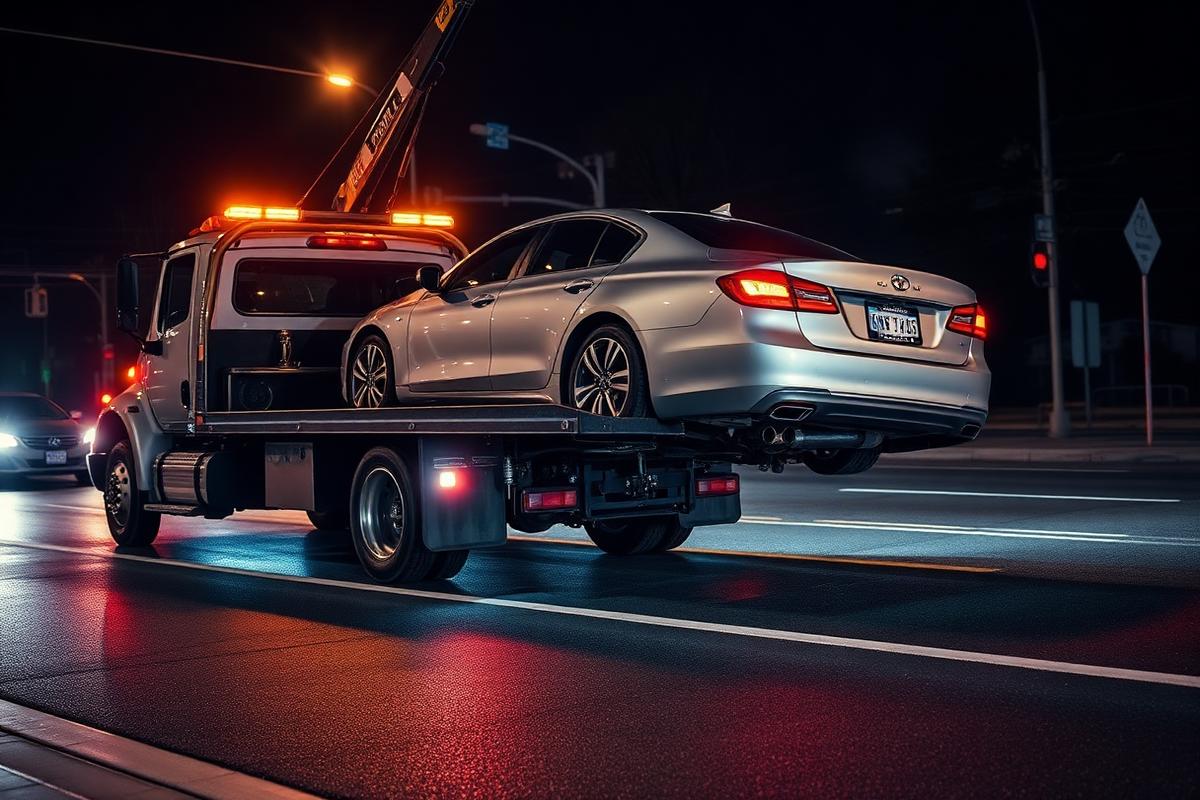 Damaged vehicle being loaded for accident towing in California by Collision Pros