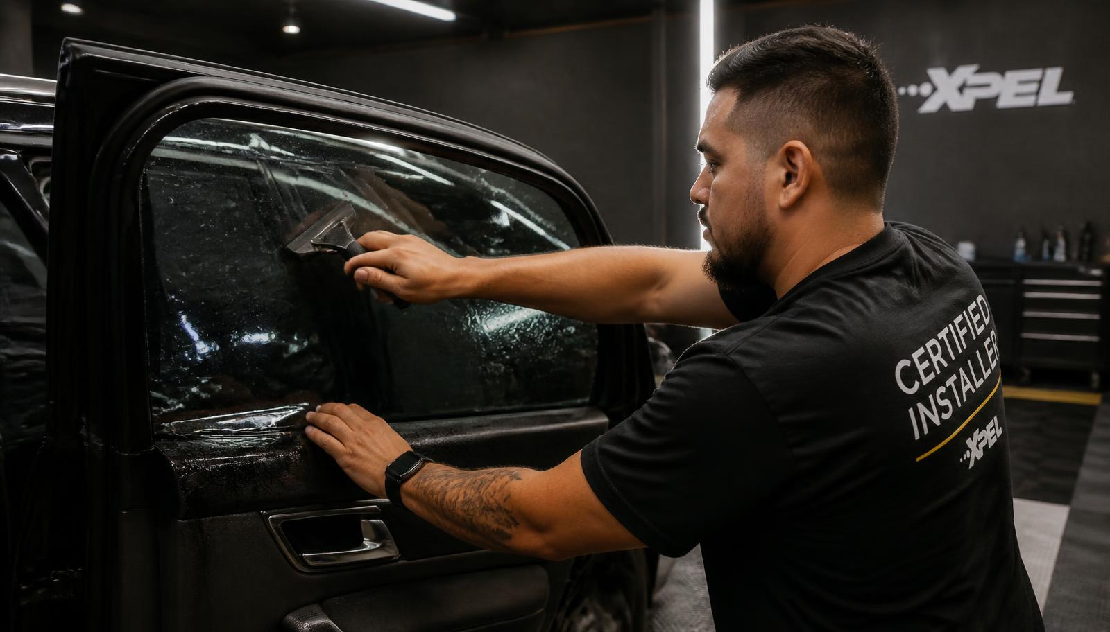 Certified installer applying ceramic window tint film to a car door window in California
